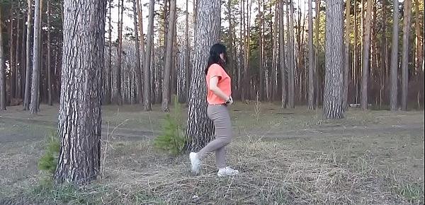  A milf with big tits and a juicy PAWG undresses in the forest and masturbates her pussy with a spruce branch. Merging with the nature of a mature nudist. Outdoor amateur fetish.